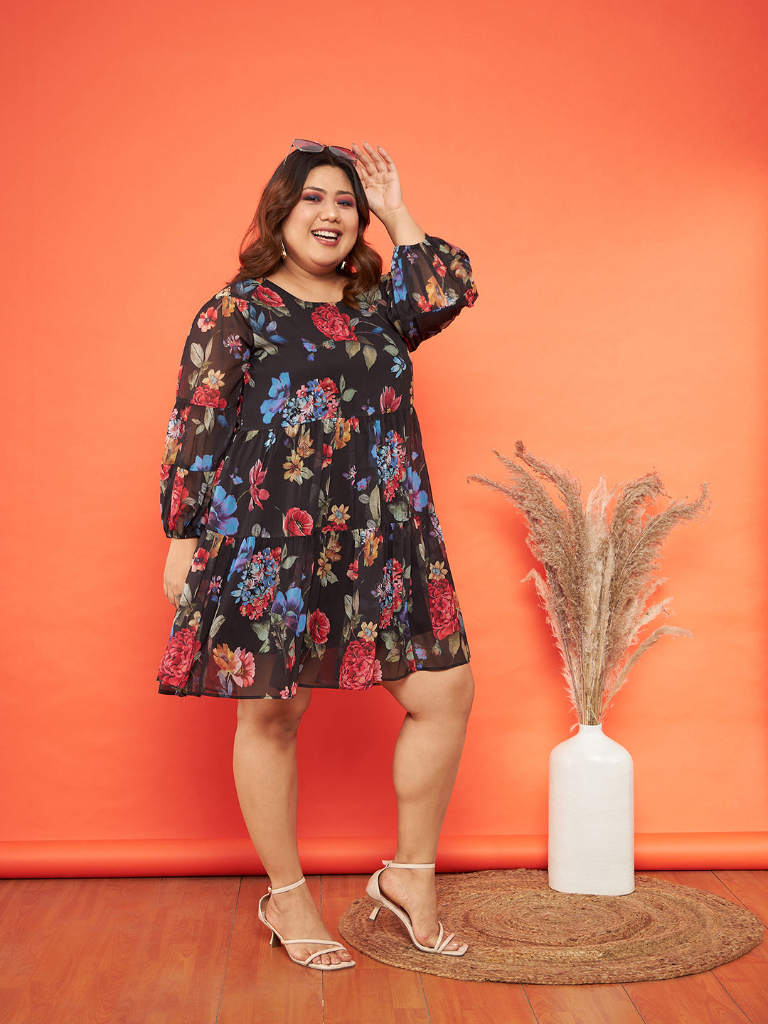 Women's Black Floral Raglan Sleeves Tiered Dress