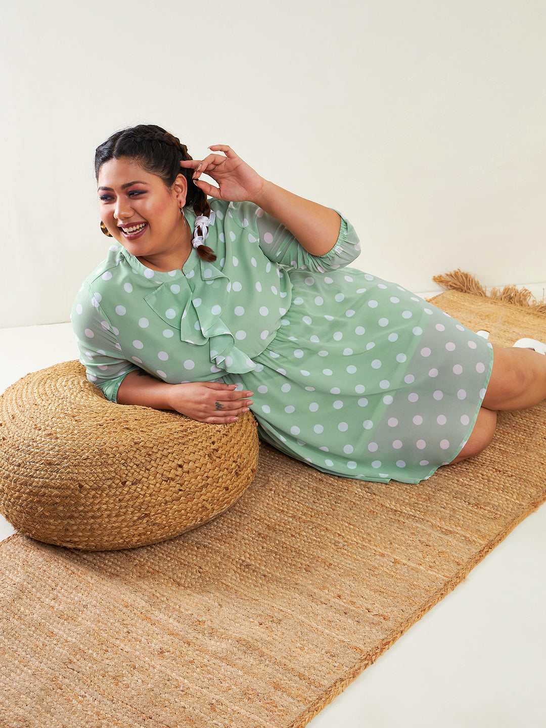 Women's Sea Green Polka Dot Fit & Flare Ruffle Dress