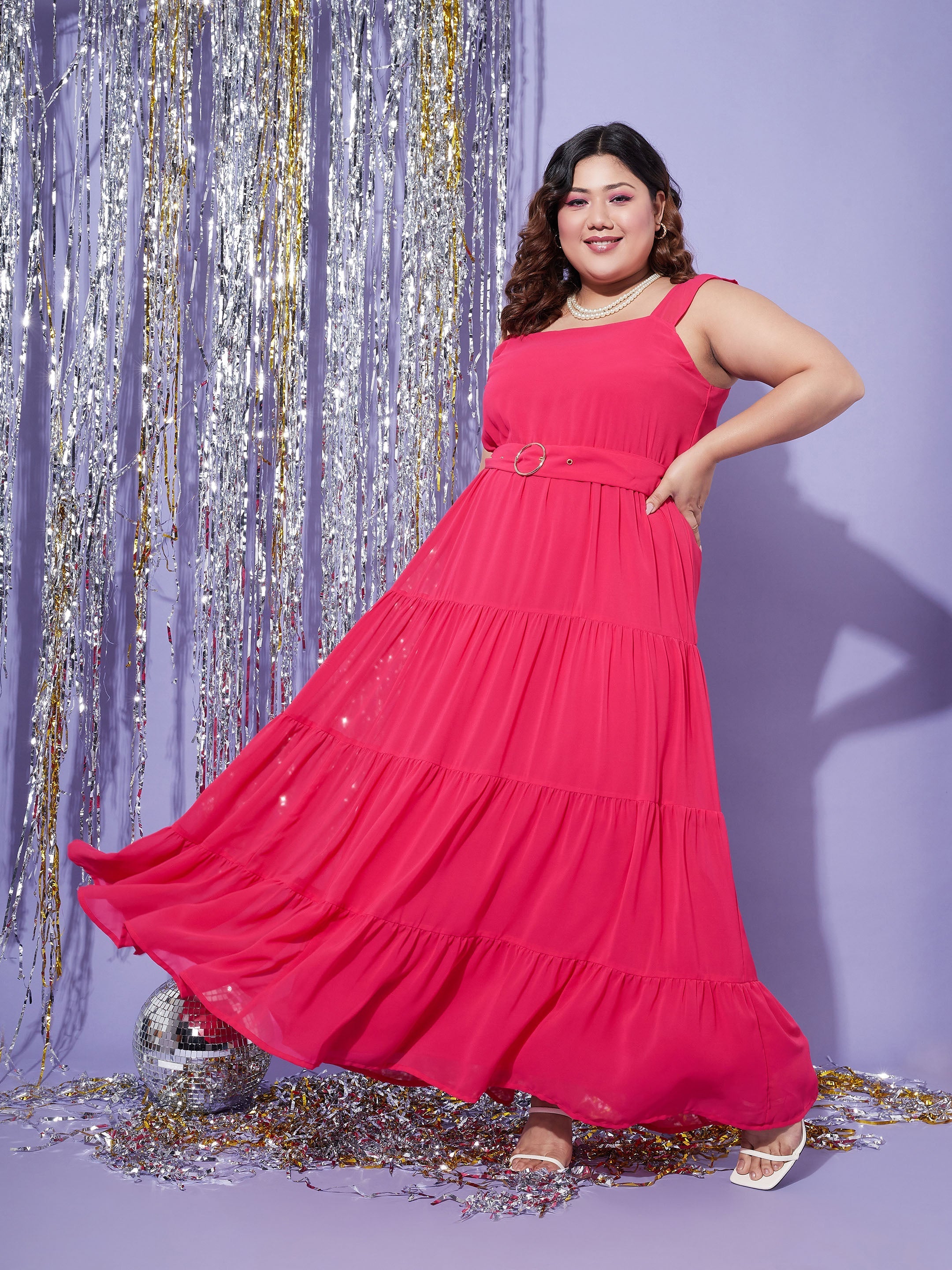 Women's Magenta Strappy Frill Tiered Maxi Dress