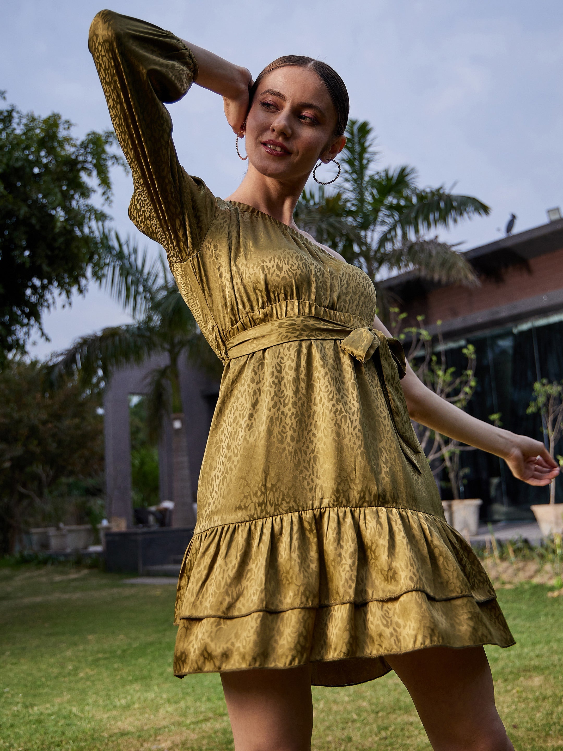 Women's Olive Jacquard One Shoulder Skater Dress
