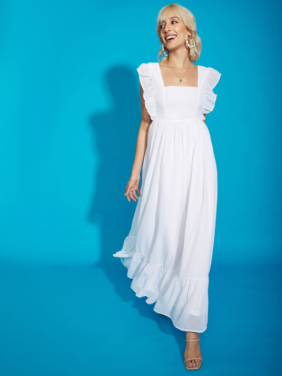 Women's White Square Neck Frill Hem Maxi Dress – Trendia