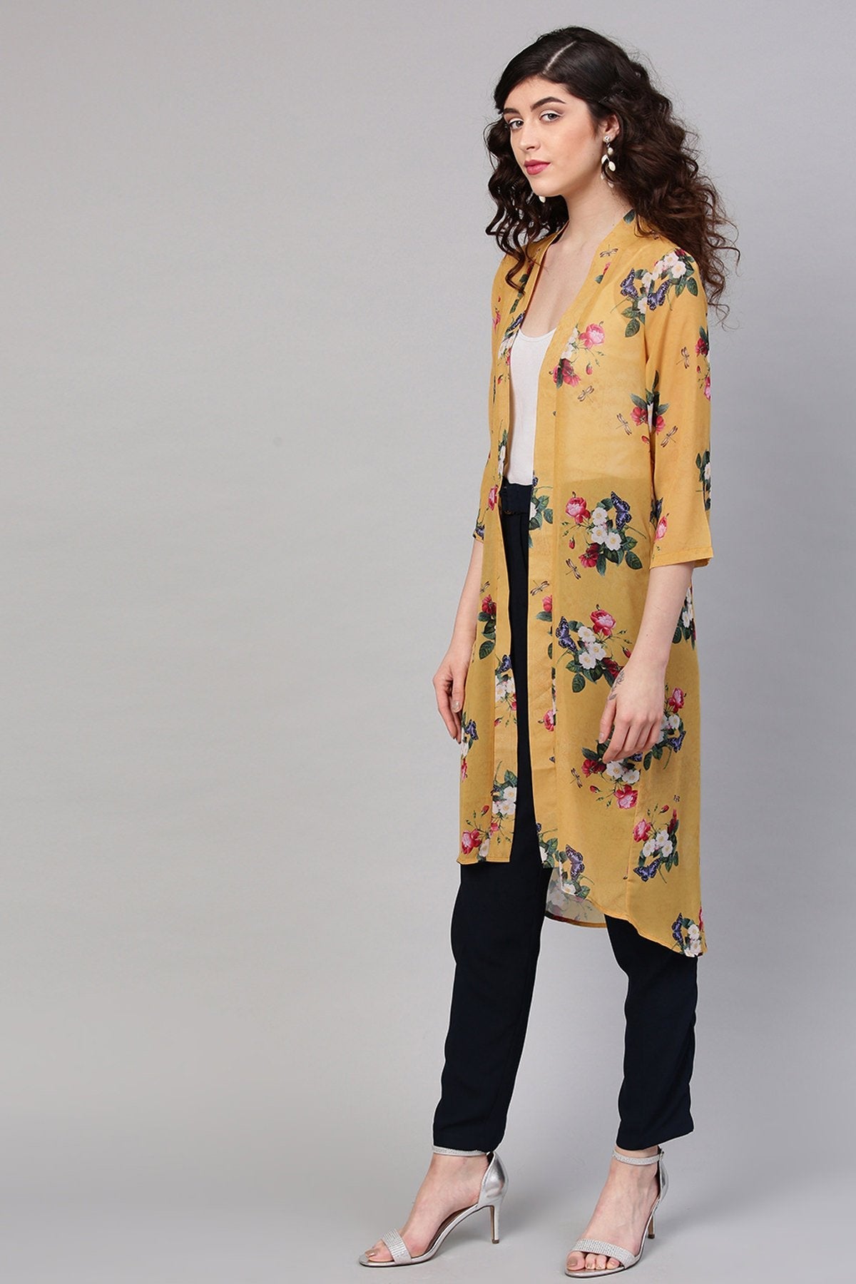 Women's Mustard Floral Front Open Shrug