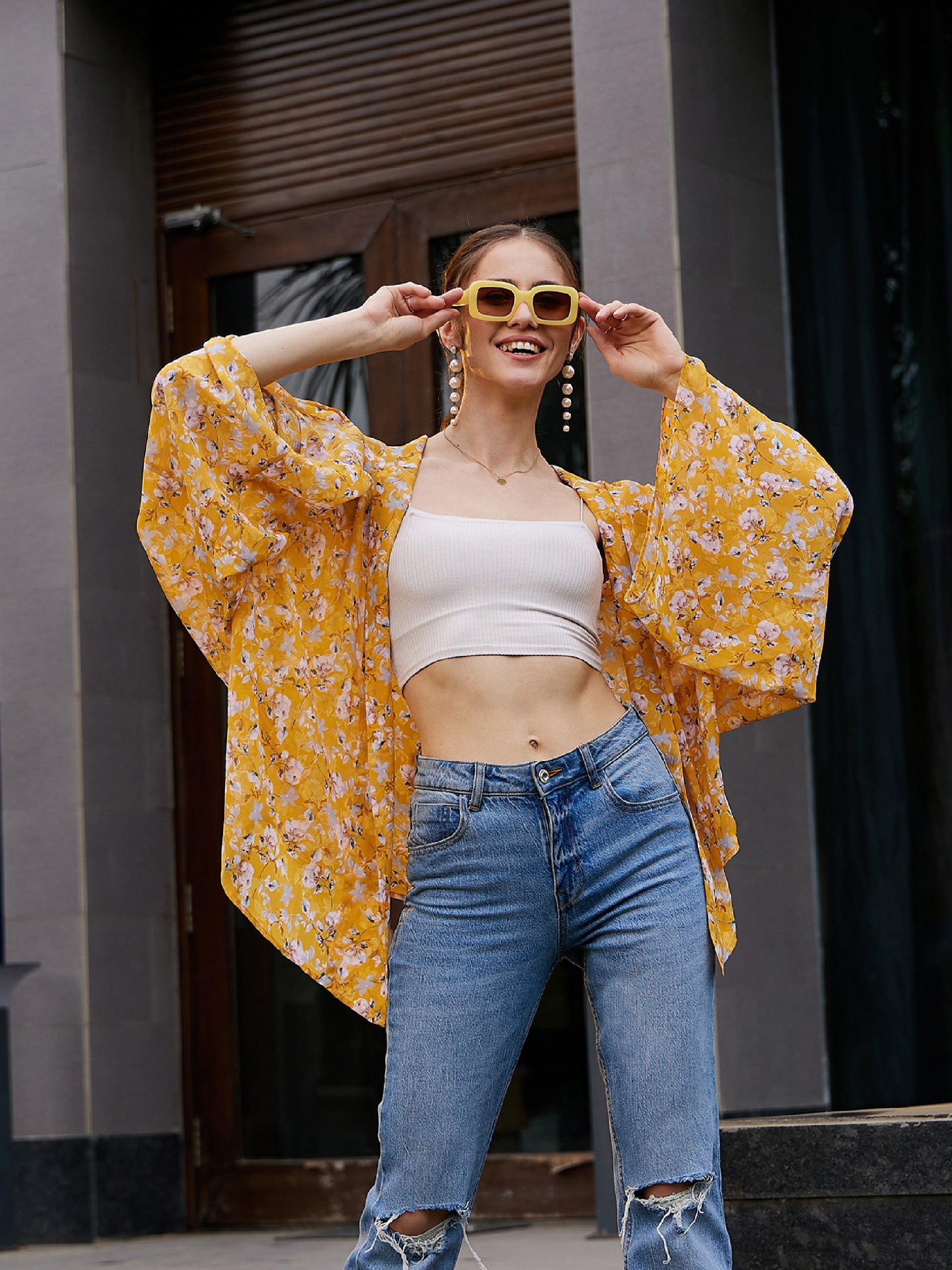 Women's Yellow Floral Front Open Shrug – Trendia