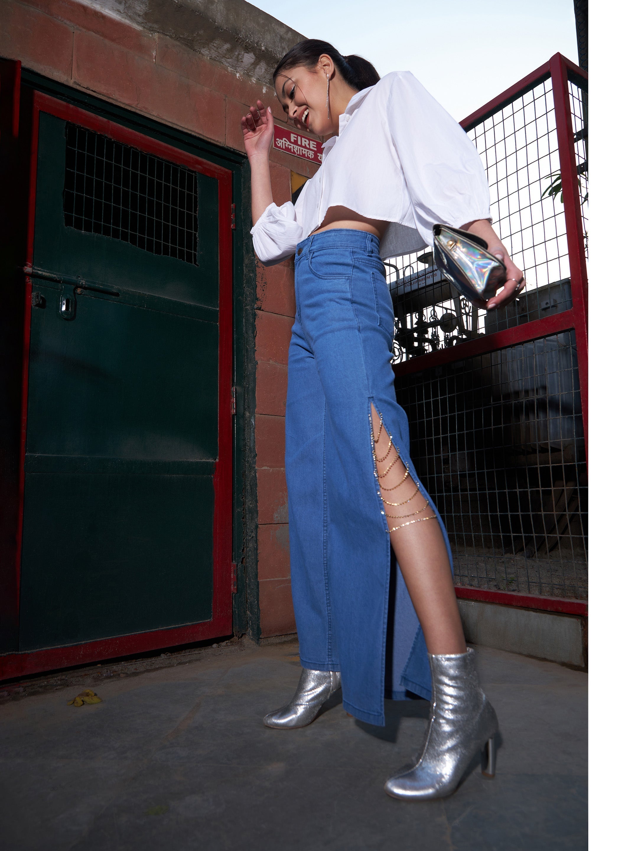 Women's Blue Diamante Side Slit Straight Jeans