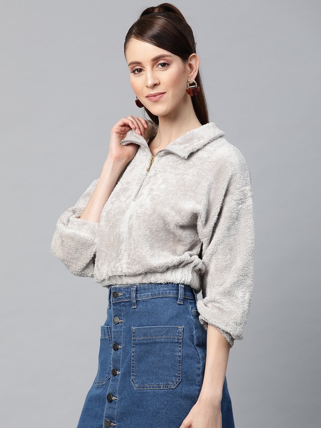 Women's Grey Zip Front Faux Fur Crop Sweatshirt