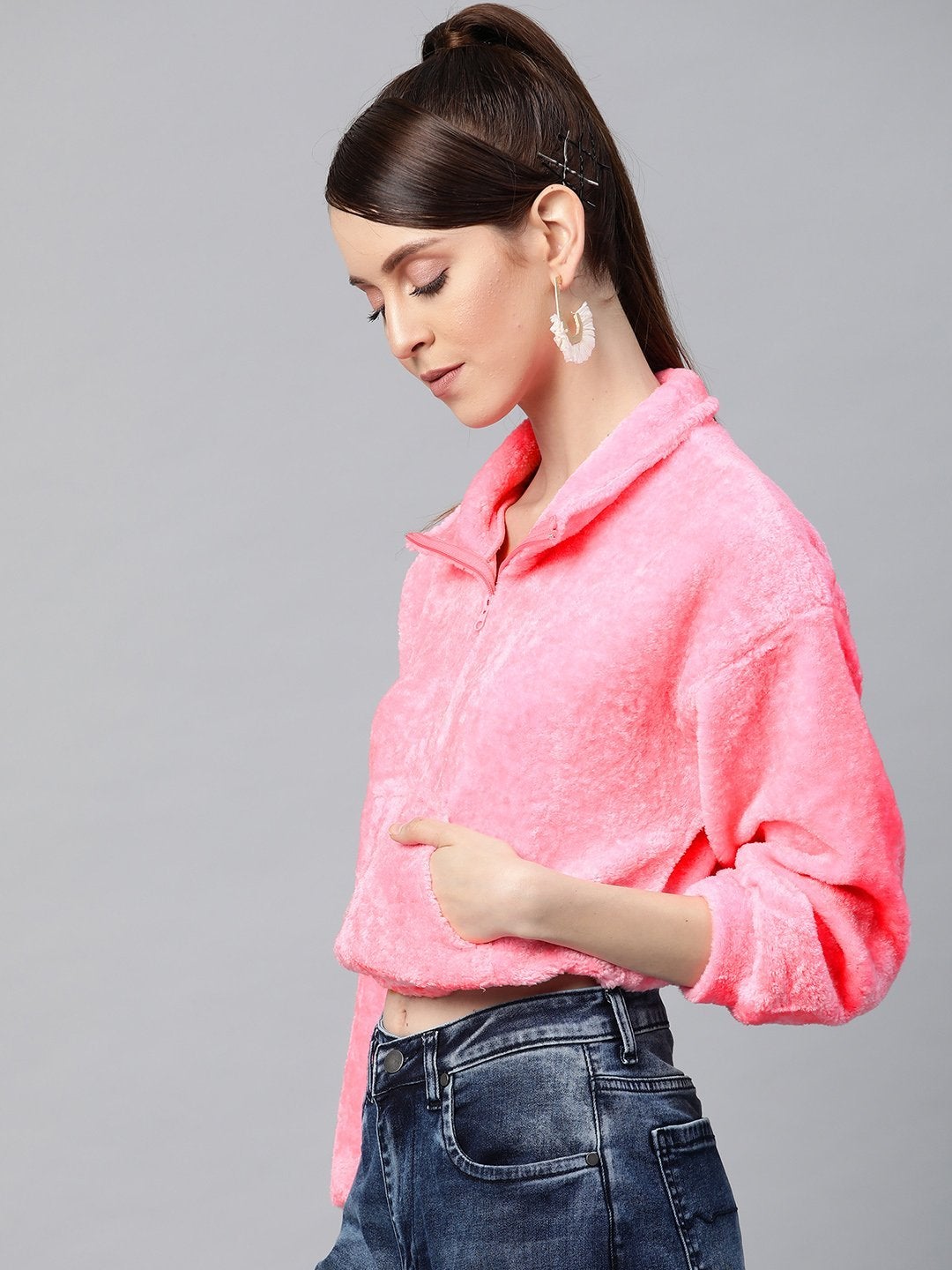 Women's Pink Kangaroo Pocket Faux Fur Crop Sweatshirt