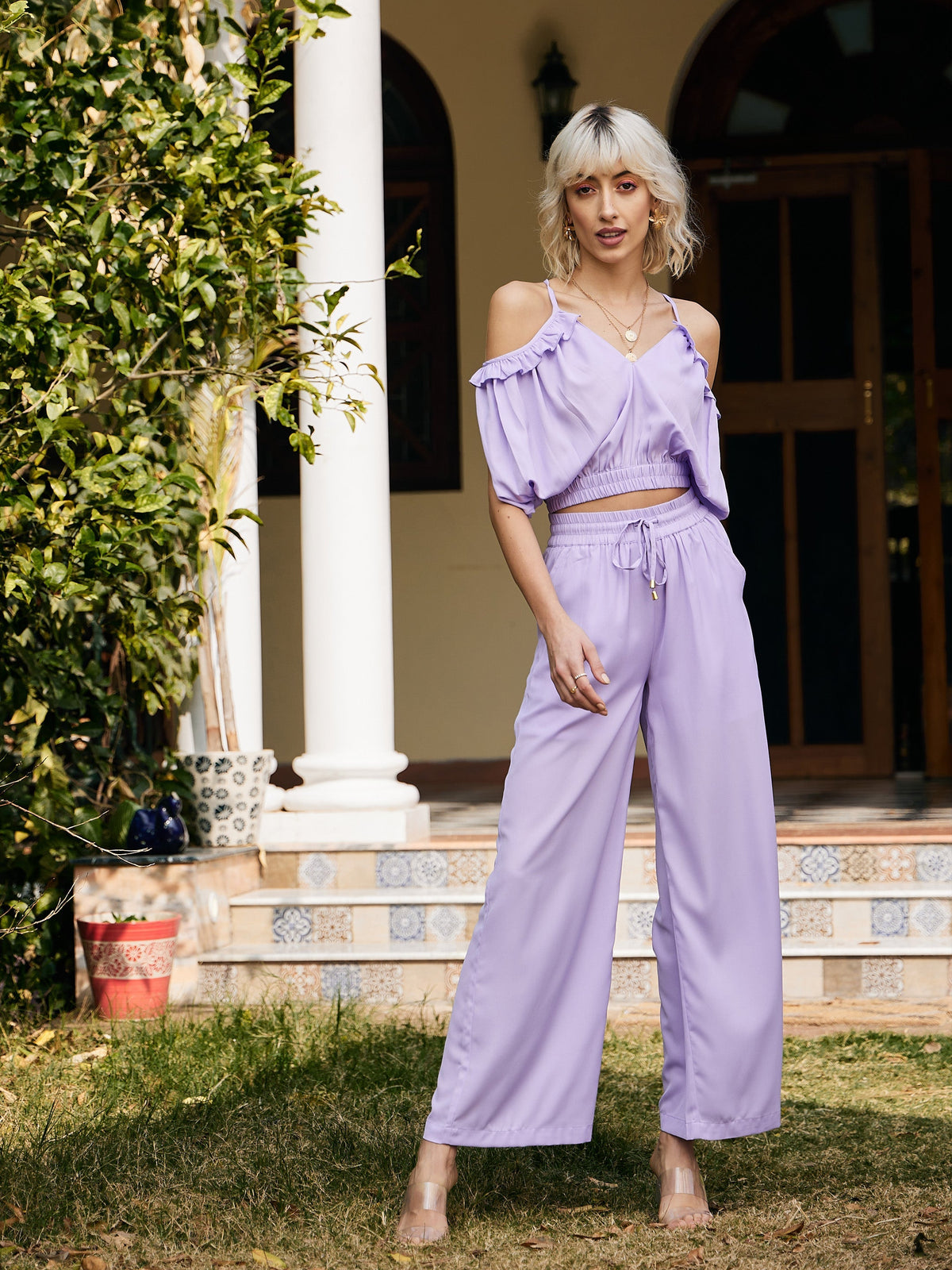 Women's Lavender Strappy V-Neck Tie Back Crop Top