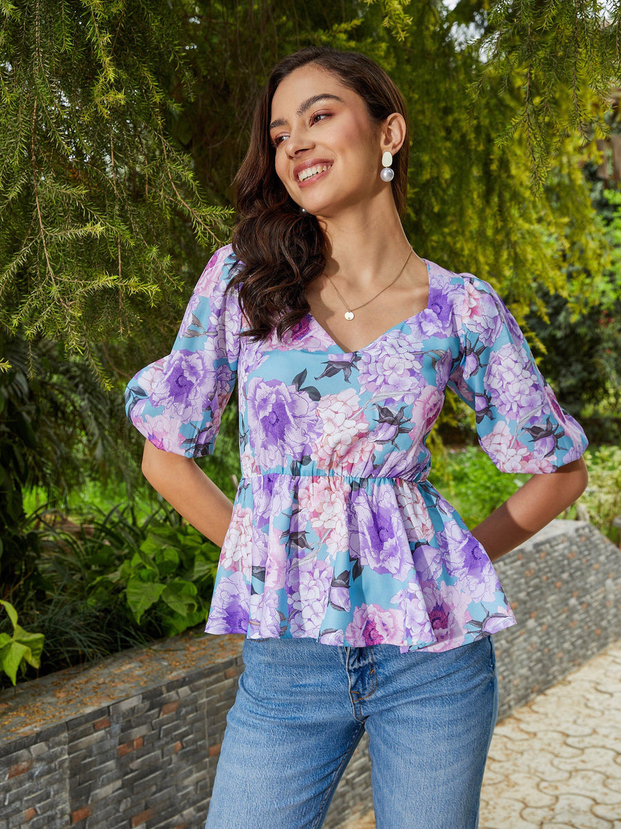 Women's Turquoise Floral Back Criss Cross Peplum Top – Trendia