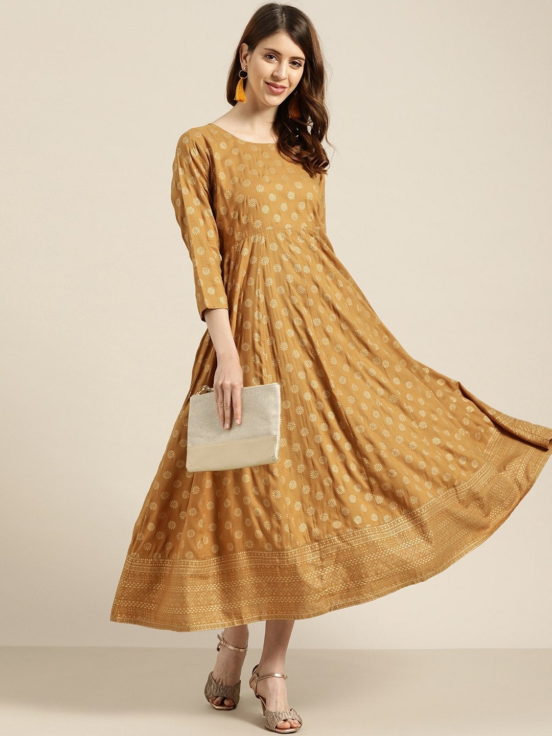 Women's Mustard Foil Print Anarkali Maxi Dress