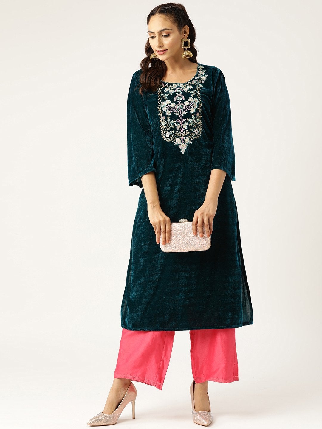 Women's Green Zari Floral Embroidery Velvet Kurta