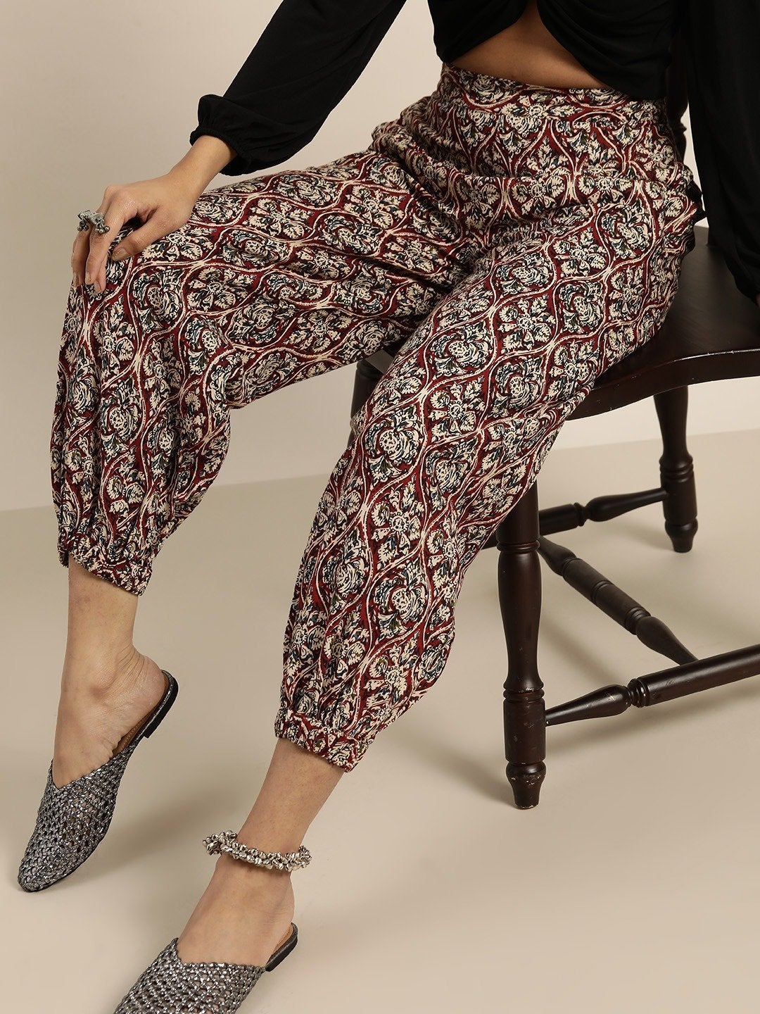 Women's Chocolate Brown Floral Cuffed Pants