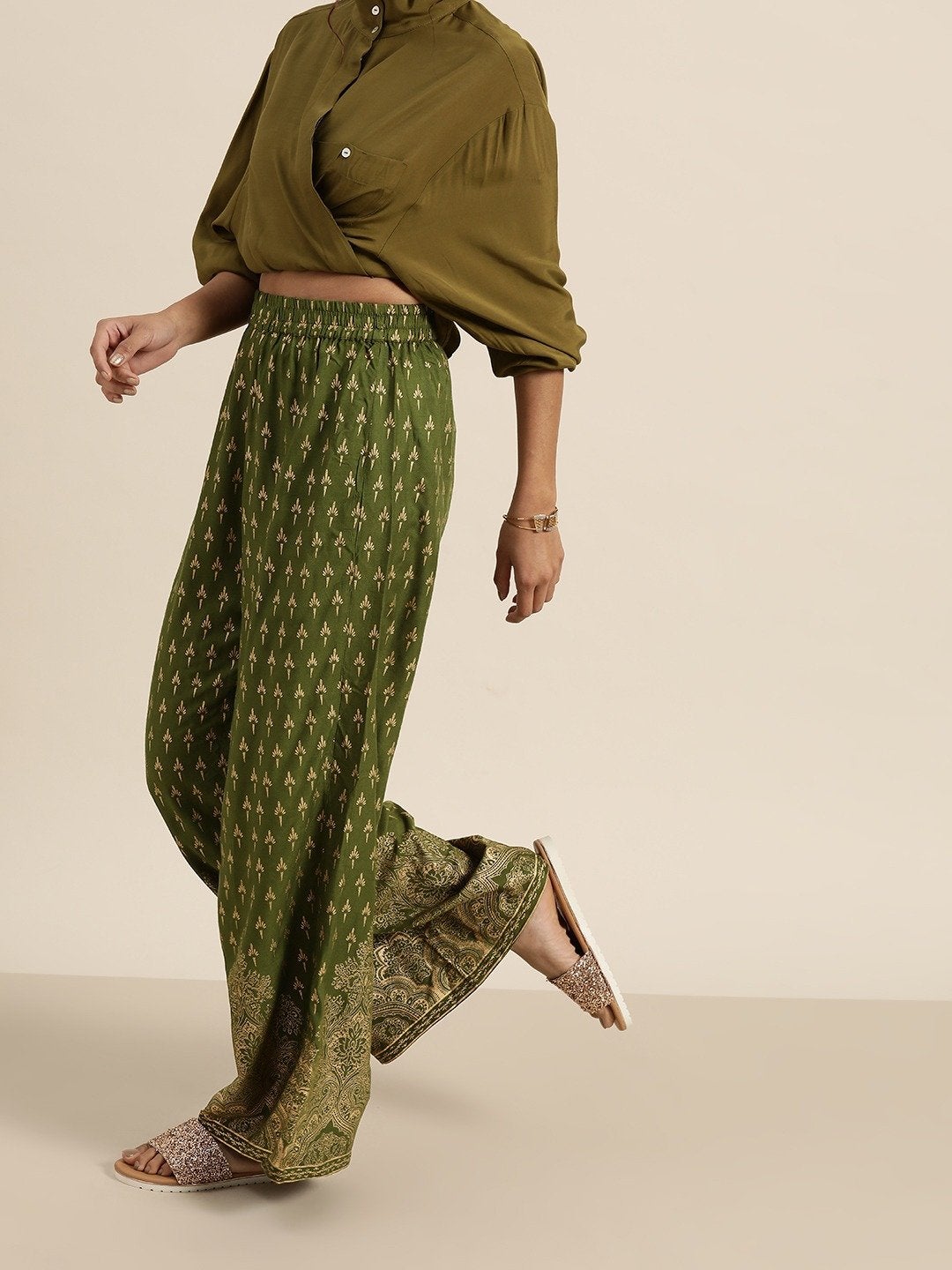 Women's Green Foil Print Palazzo Pants
