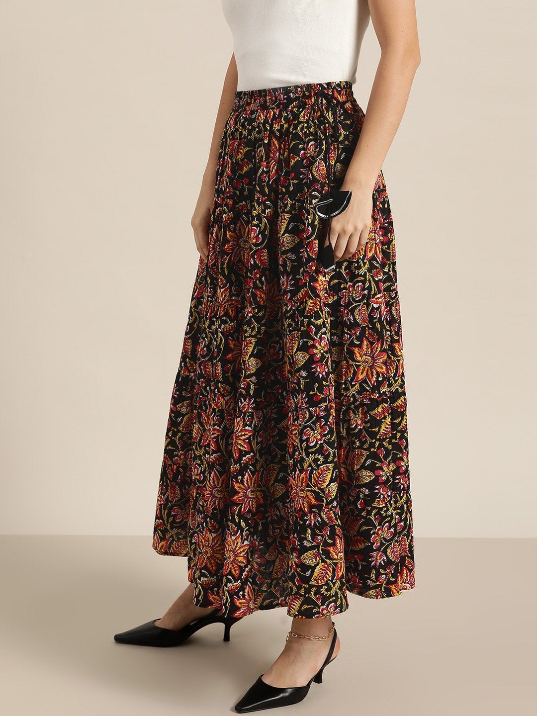 Women's Black Floral Tiered Skirt