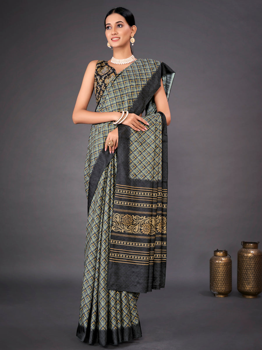 Women's Dola Silk Black Digital Print Designer Saree With Blouse Piece