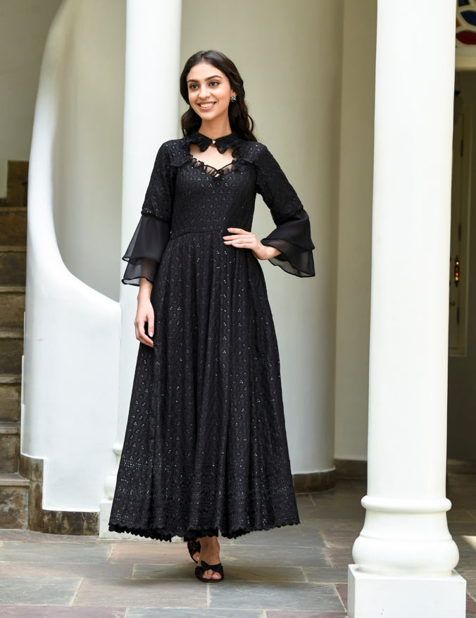 lucknowi maxi dress Kashi dress : Chikankari print, Blending traditional Lucknowi Chikankari with block printing is a perfect fusion of both textile forms