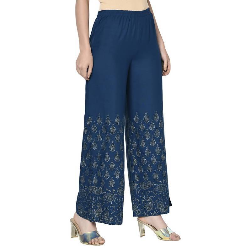 Women's Blue Rayon Gold Print Flared slip-on Palazz