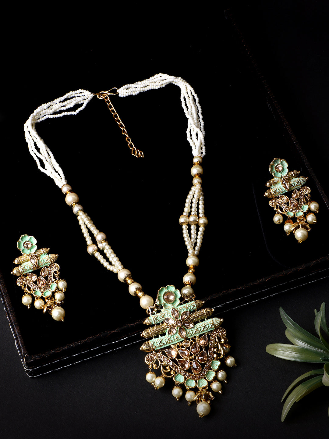 Women's Antique Matte Gold Finish Meenakari Pearl Jewellery