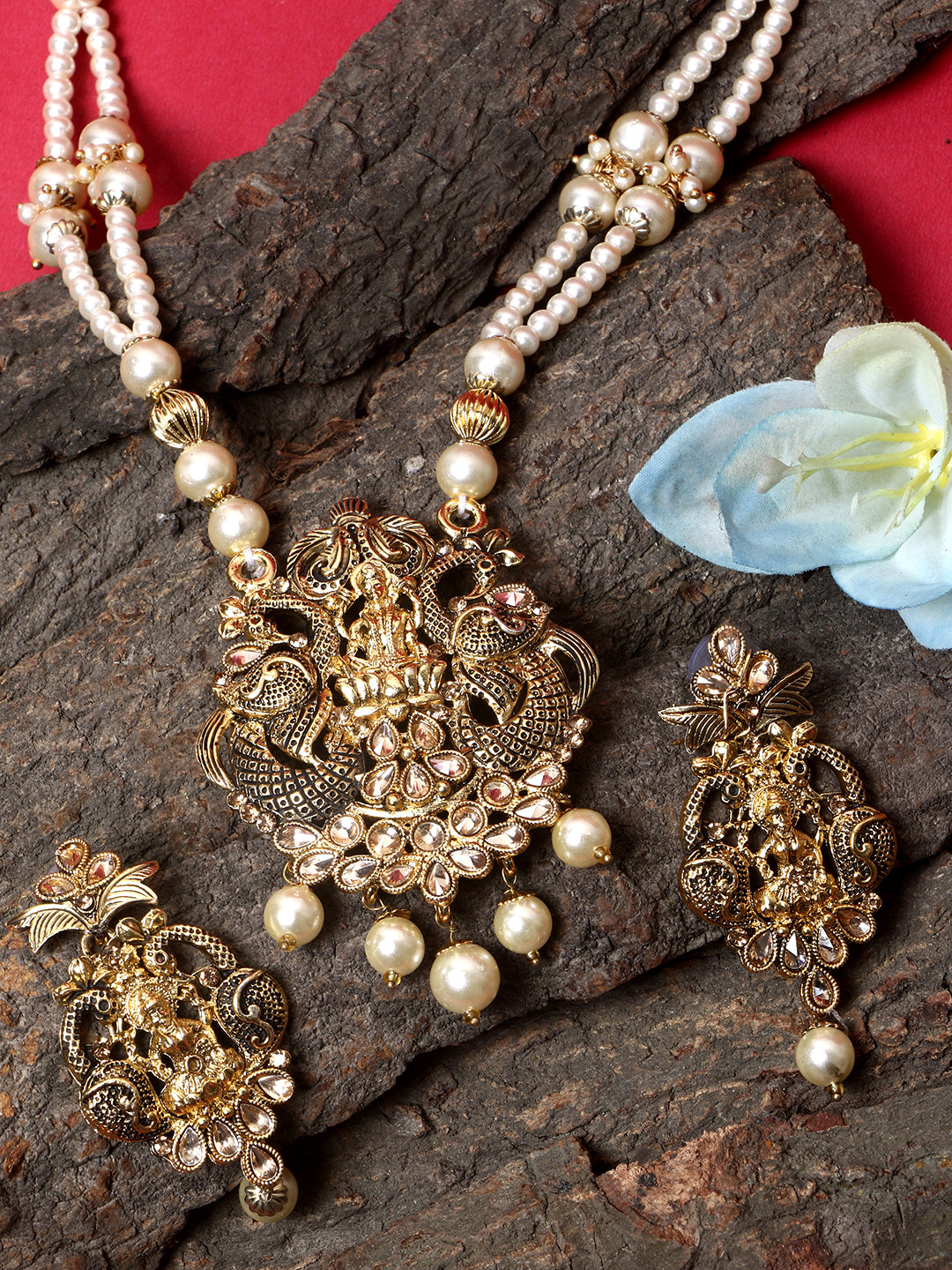 Women's Antique Matte Gold Finish Meenakari Pearl Temple Jewellery