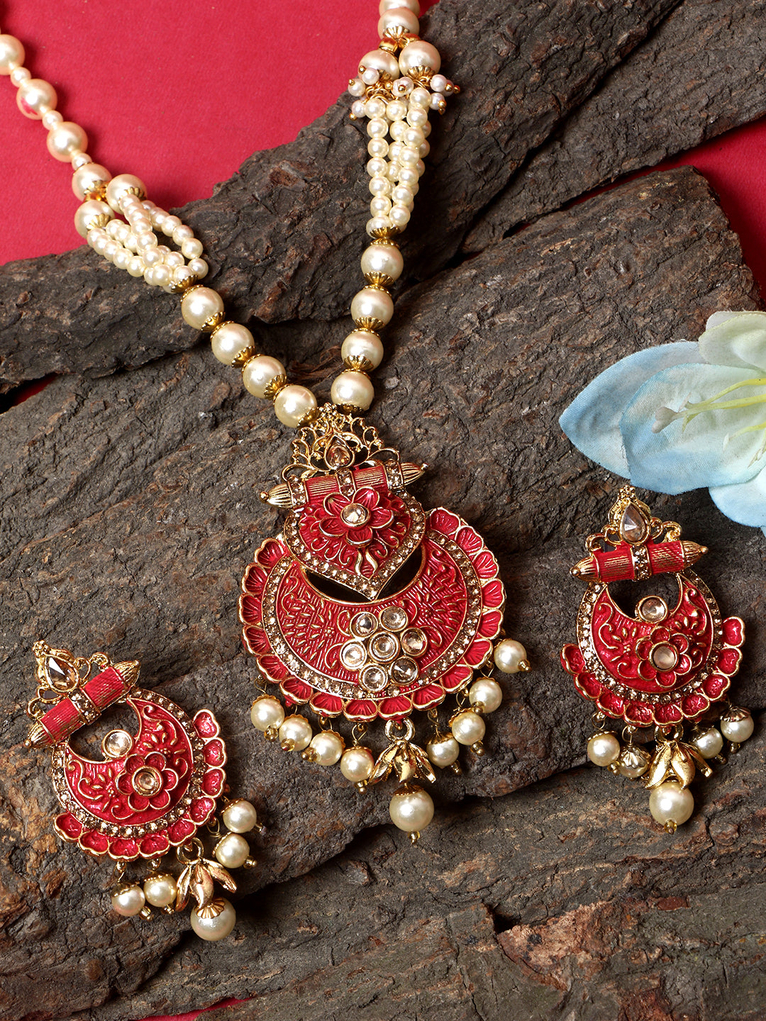 Women's Antique Matte Gold Finish Meenakari Pearl Jewellery