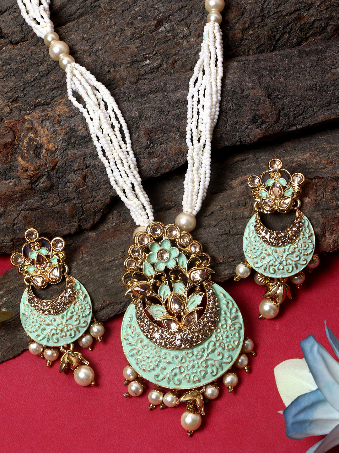 Women's Antique Matte Gold Finish Meenakari Pearl Jewellery
