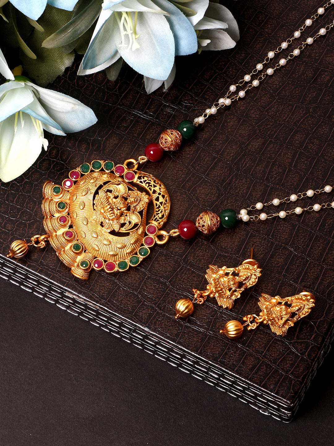 Women's Gold Plated Maa Laxmi Stone Studded Necklace With Earrrings