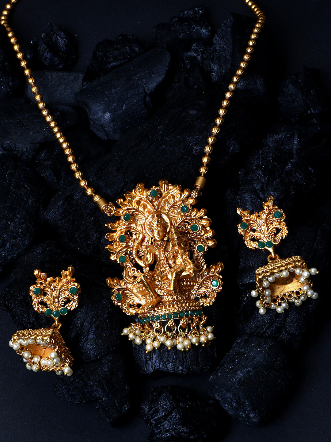 Women's Antique Matte Gold Finish Green Stone Studded Temple Jewellery set