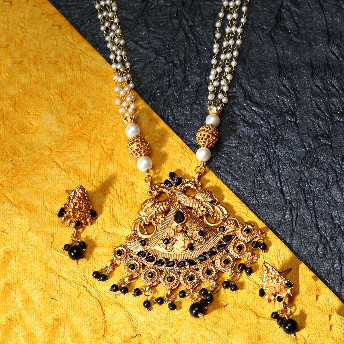 Women's Gold Plated Maa Laxmi Stone Studded Necklace With Earrrings
