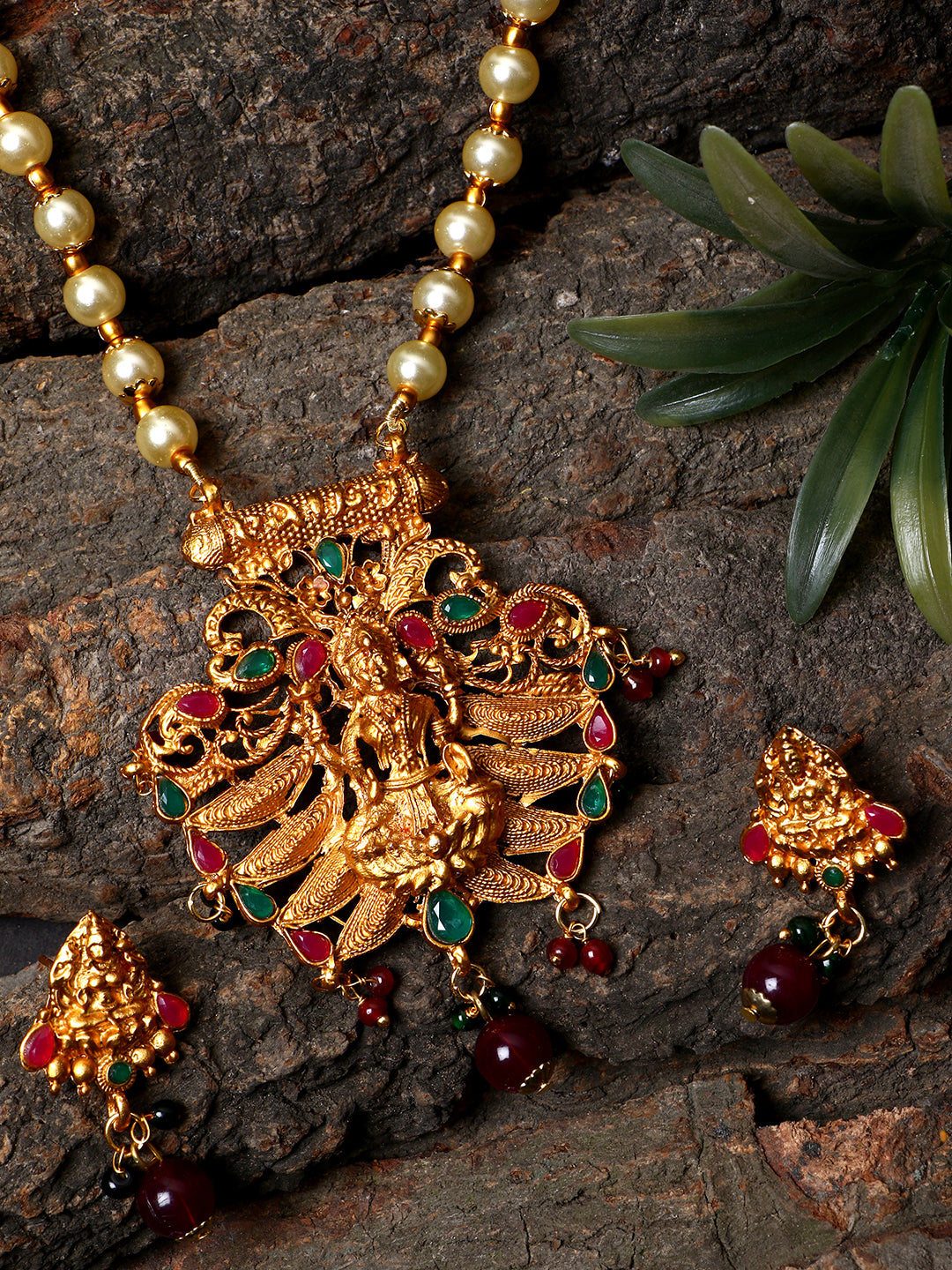 Women's Antique Matte Gold Finish Green Maroon Stone Studded Temple Jewellery set