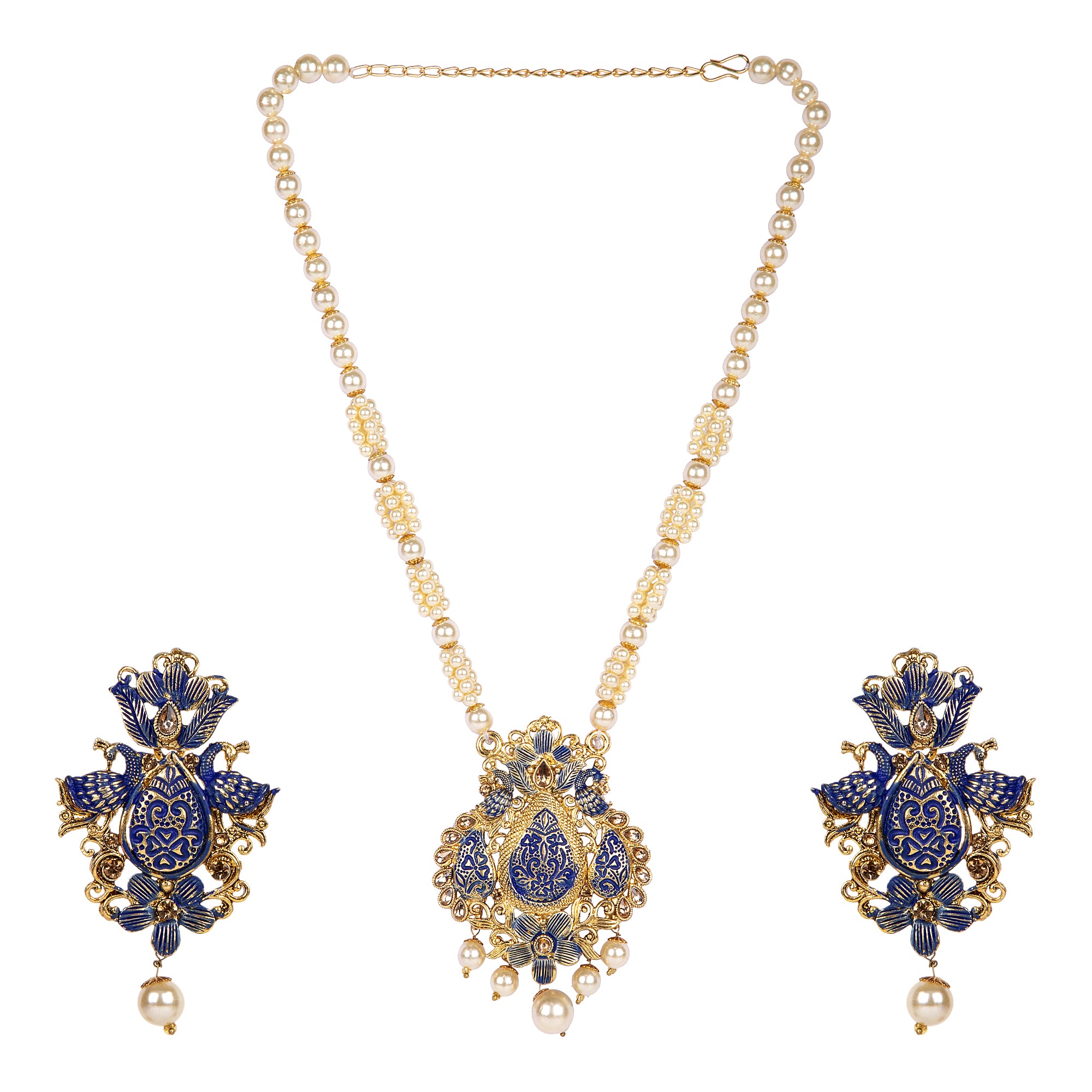 Women's Antique Matte Gold Finish Maroon Stone Studded Temple Jewellery set