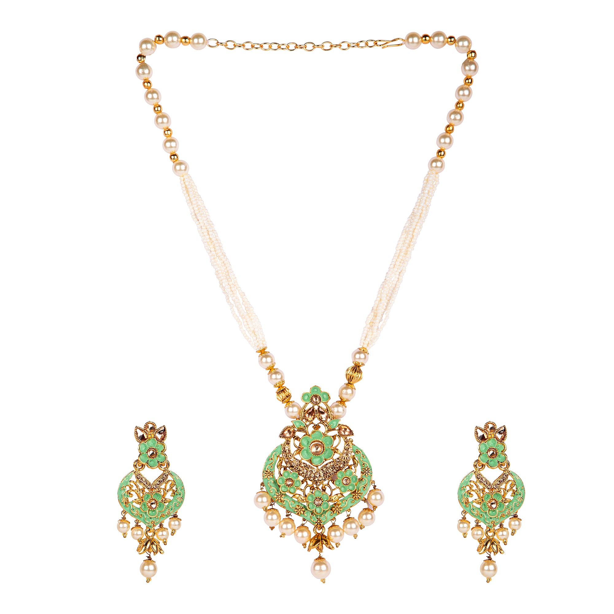 Women's Antique Matte Gold Finish Maroon Stone Studded Temple Jewellery set