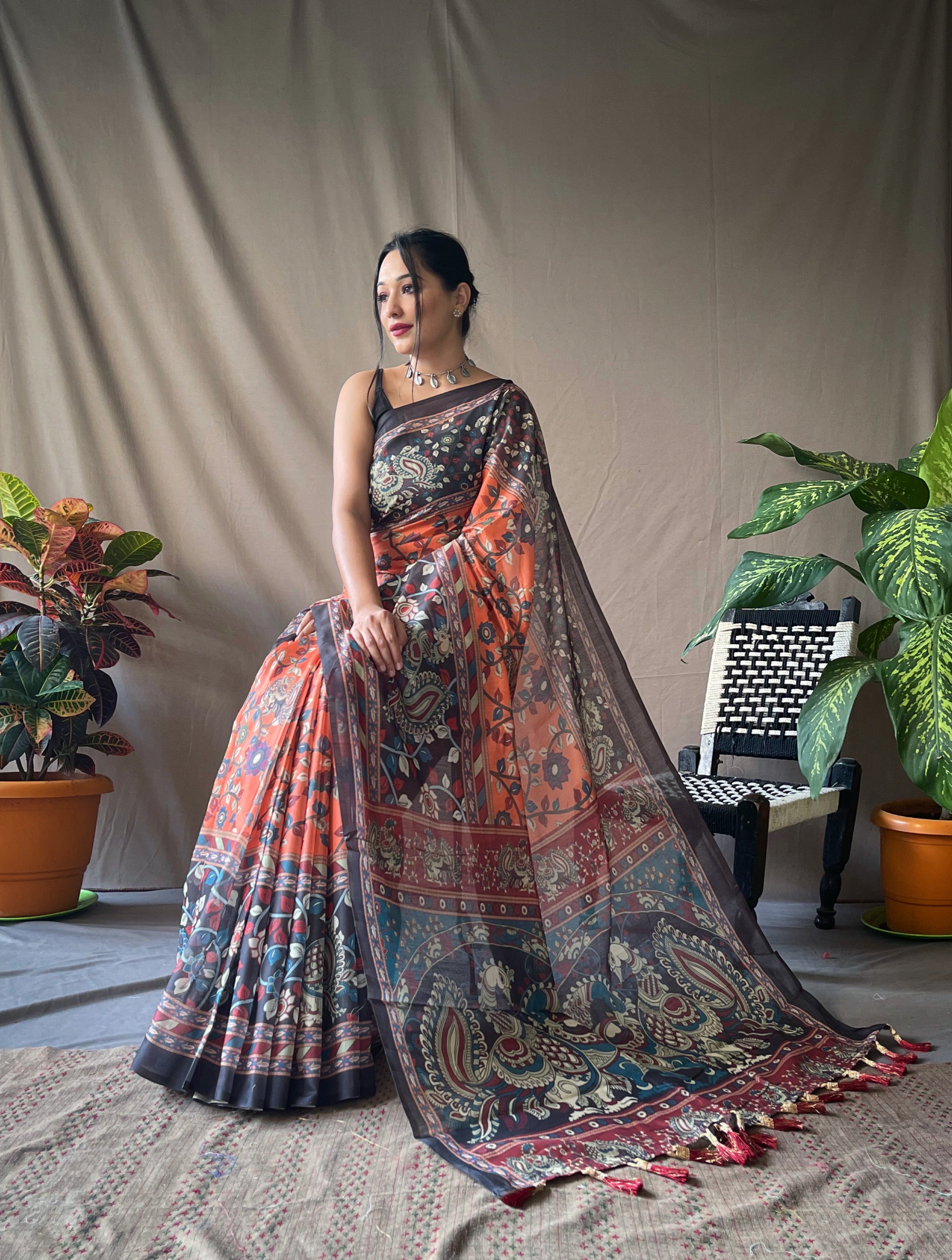 Women's Orange Color Cotton Kalamkari Printed BasketBall Orange