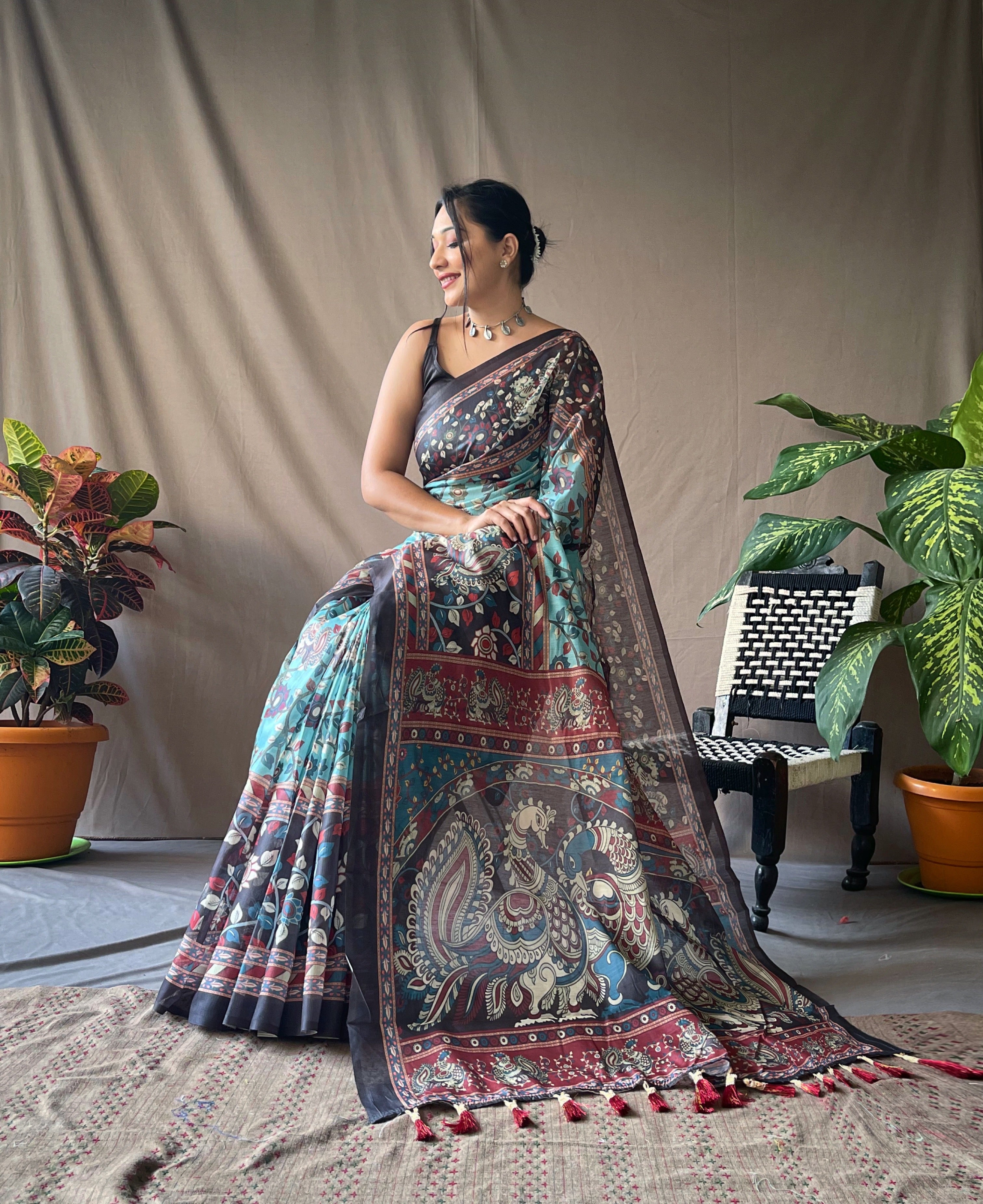 Women's Blue Color Cotton Kalamkari Printed Saree Blue