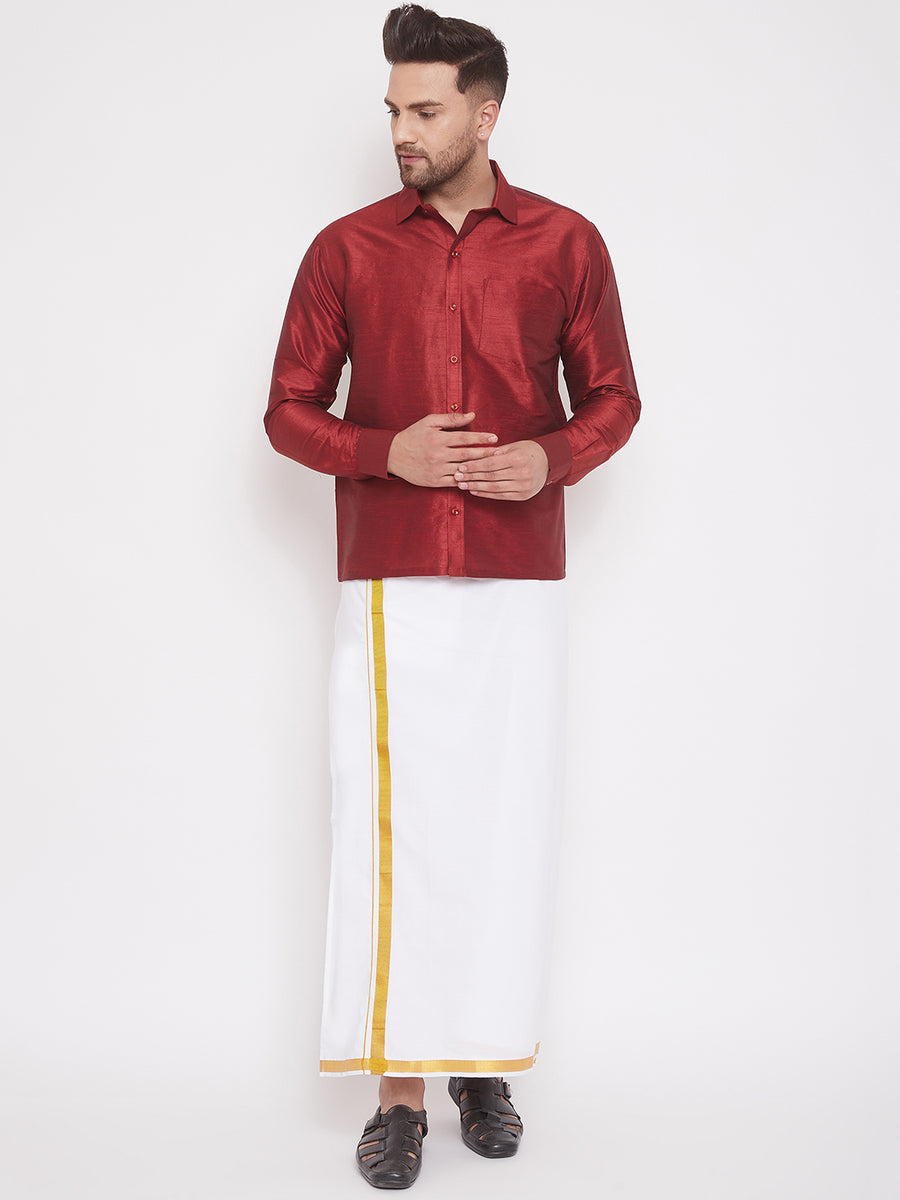 Men's Maroon And White Silk Blend Shirt And Mundu – Trendia