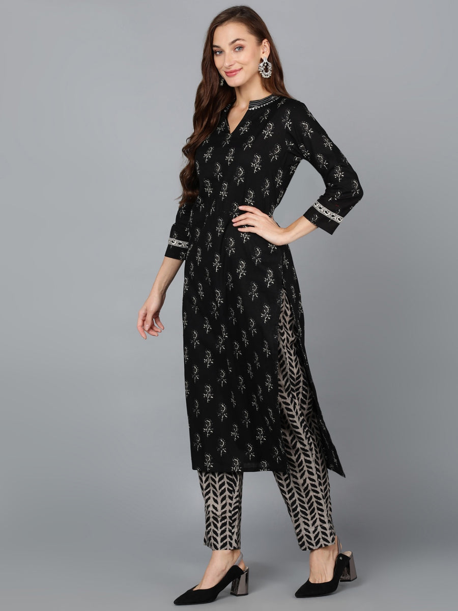 Black Cotton Straight Kurta Hem Cuffed Pant set