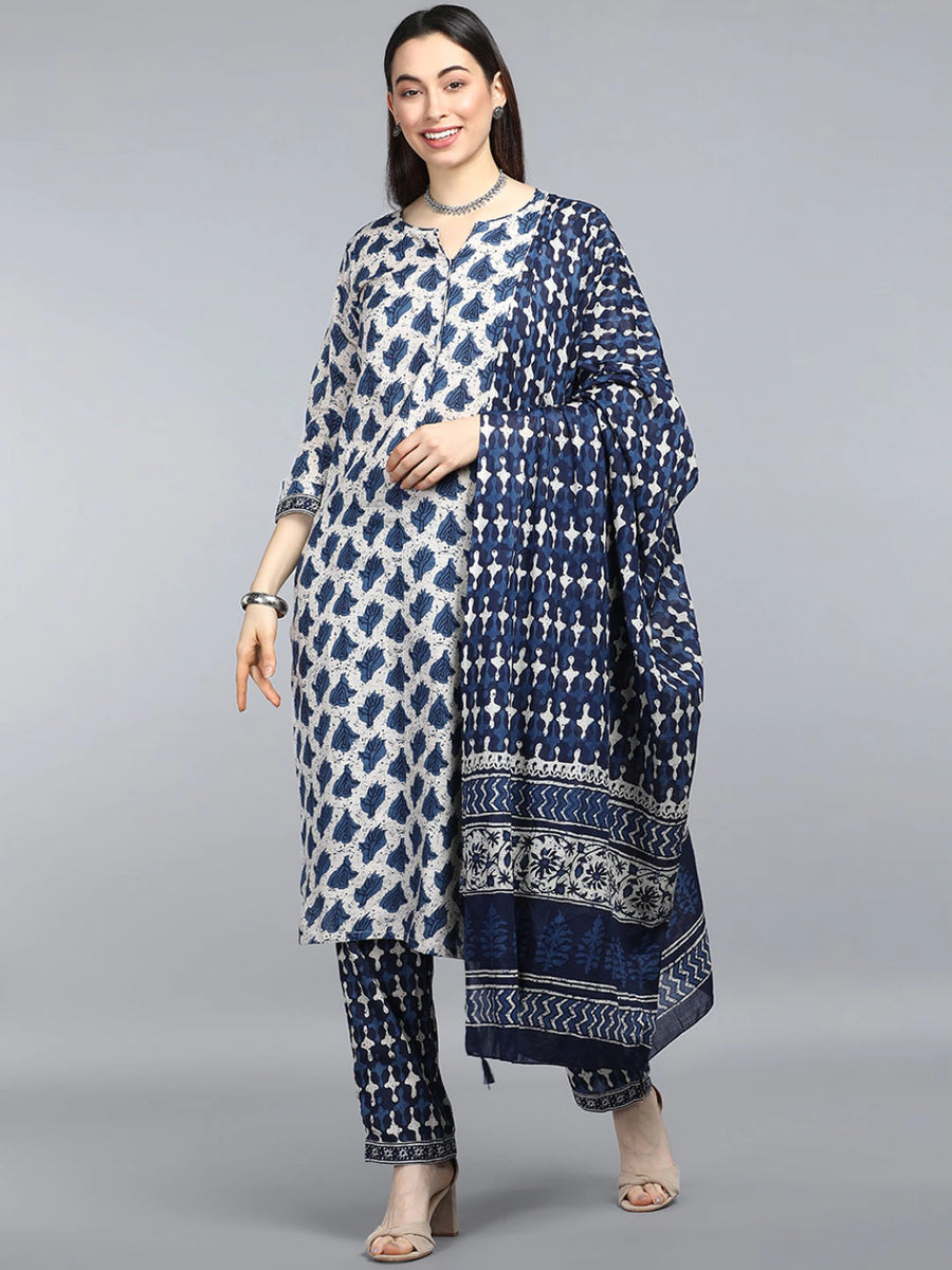 Women s Cotton Blend Printed Kurta Pant Dupatta Set Ahika Trendia pearl-white-floral-resham-and-sequin-embroidered-suit-with-dupatta