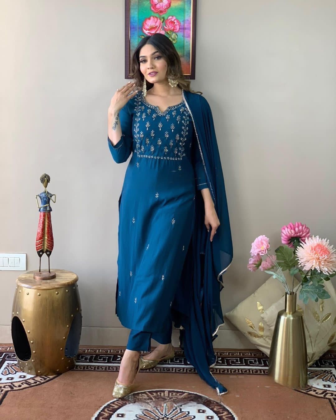 Women's Blue Rayon Slub Kurta set