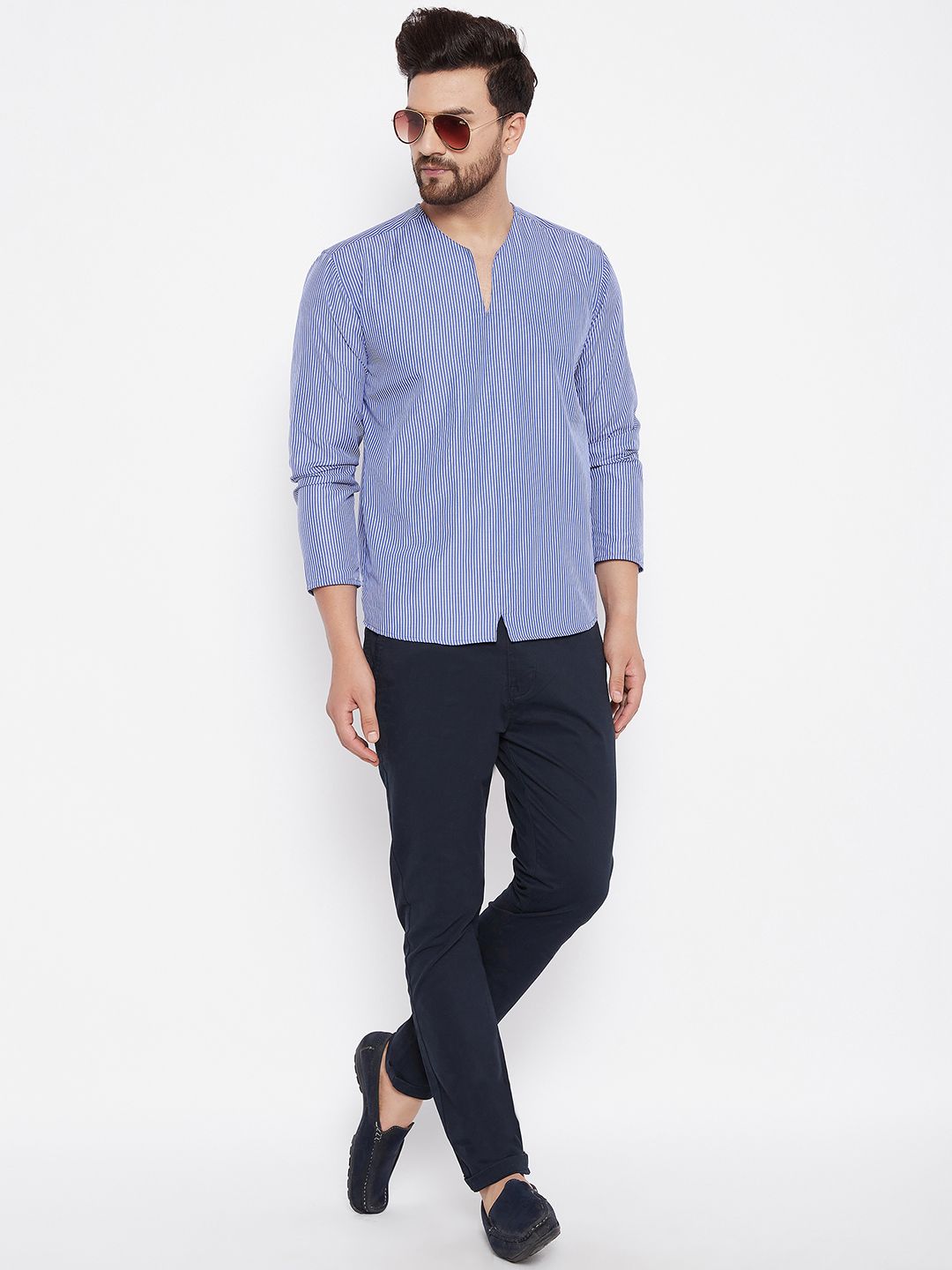 Men's Blue Solid Cotton Kurta