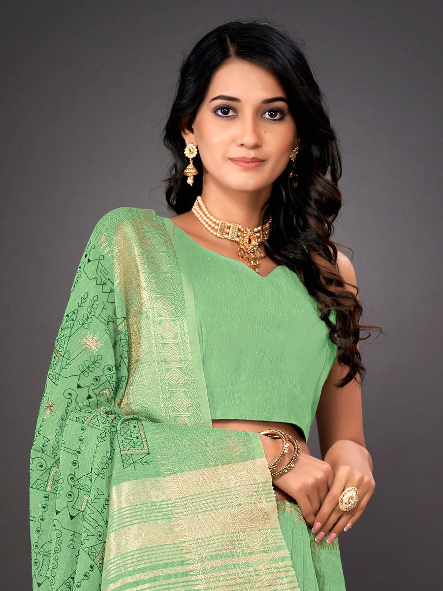 Women's Cotton Linen Sea Green Digital Print Designer Saree With Blouse Piece main image 1