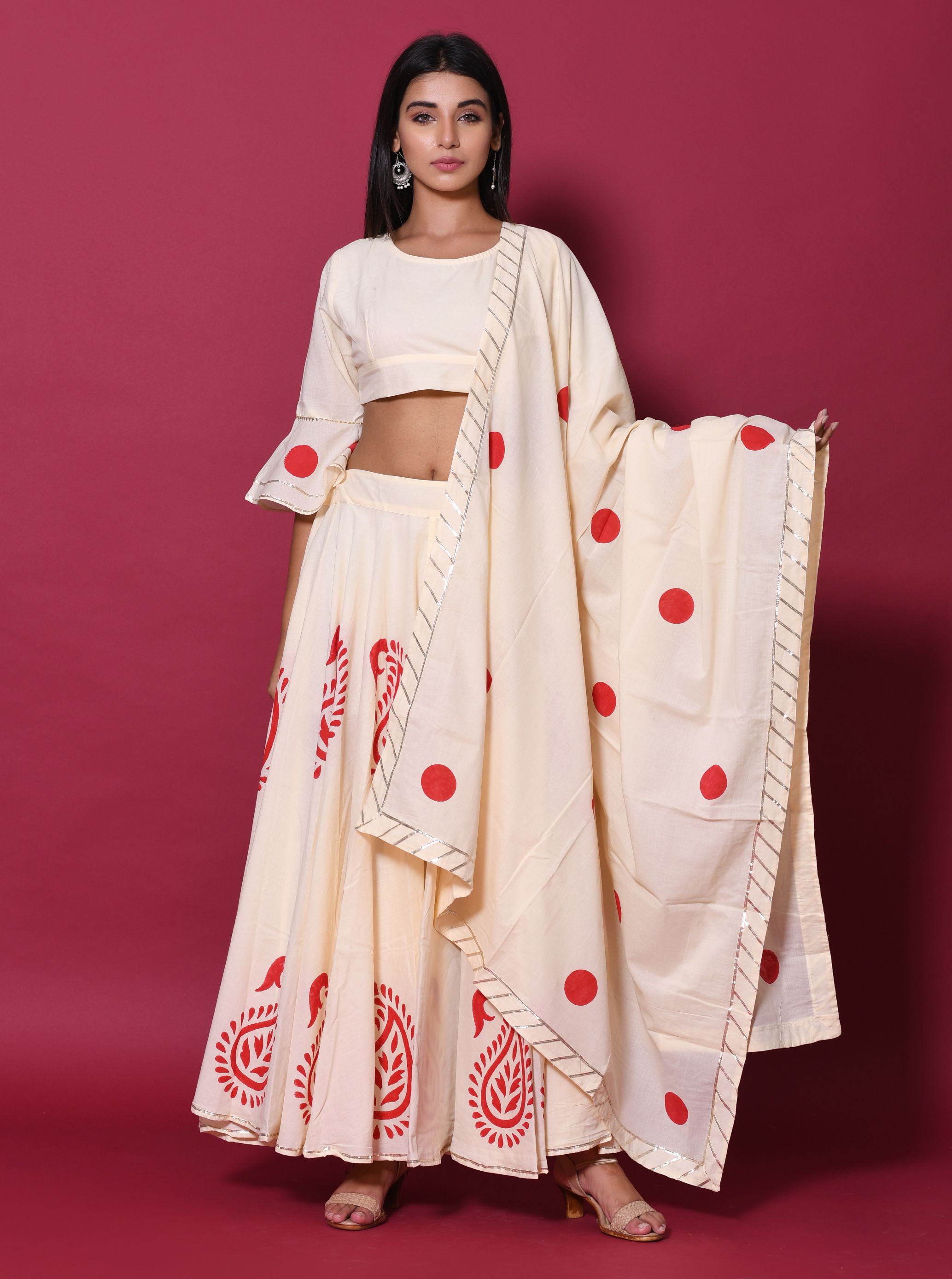 Women's Beige Hand Block Printed Lehenga Set