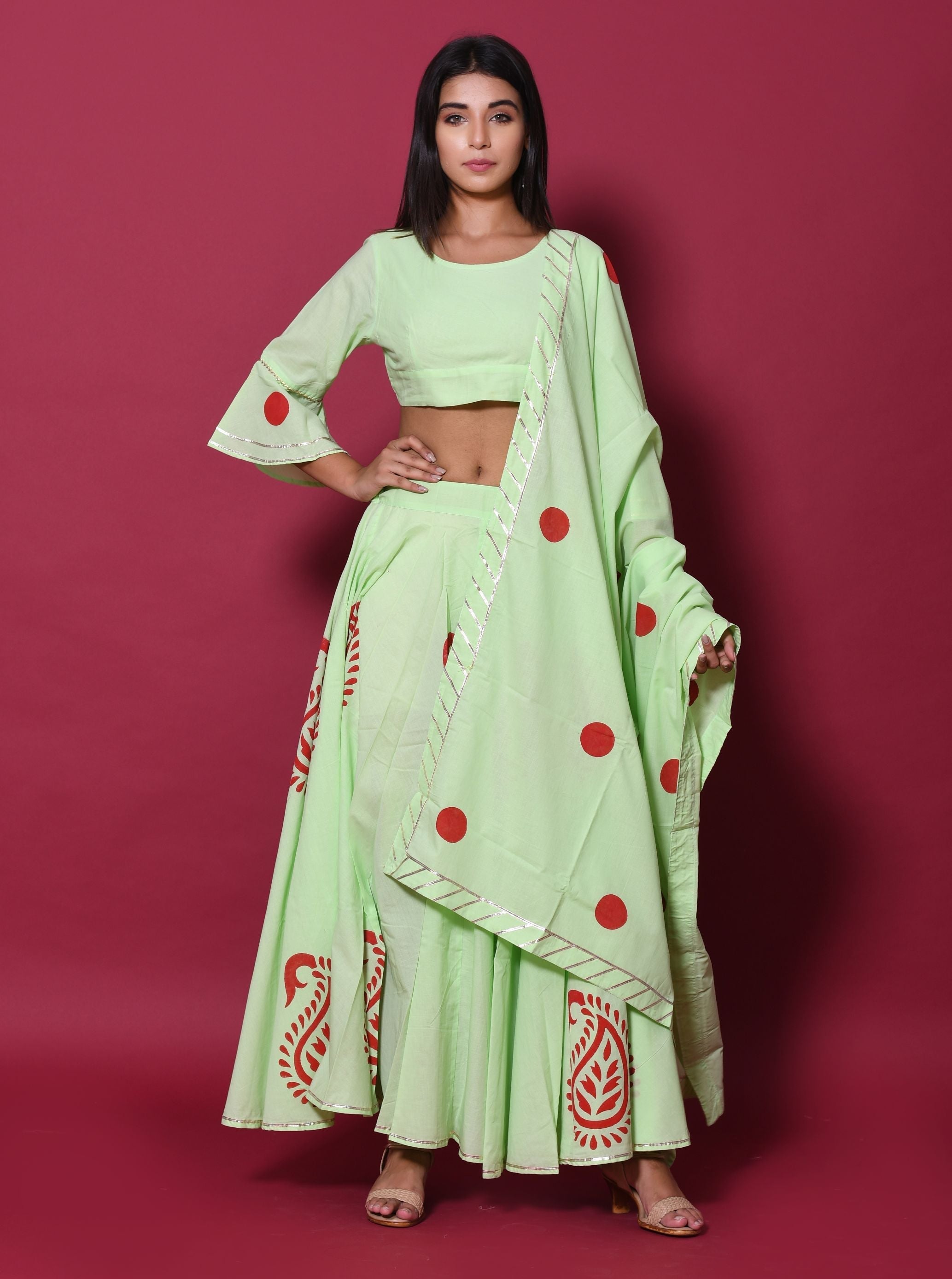 Women's Pista Green Hand Block Printed Lehenga Set