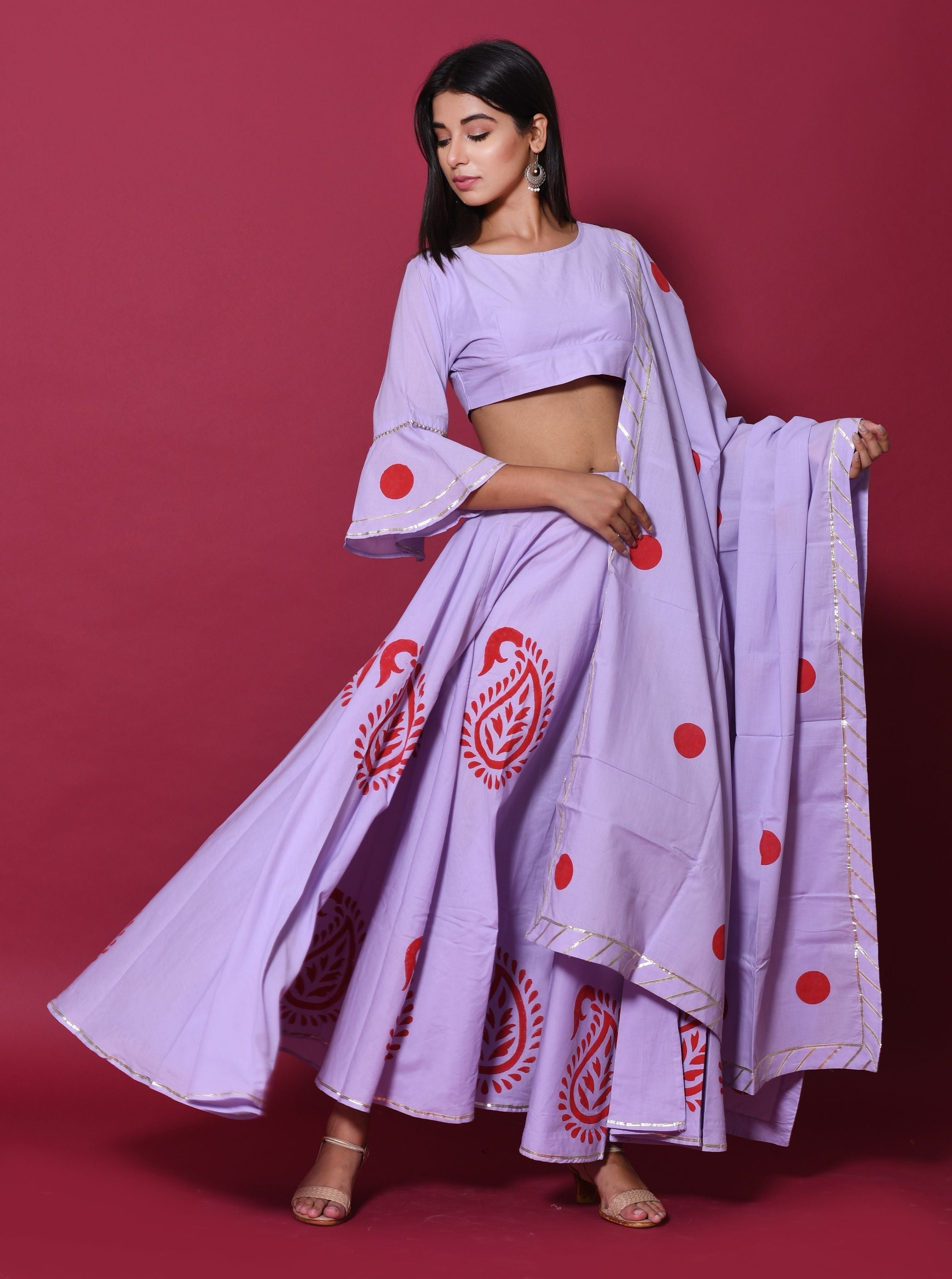 Women's Purple Hand Block Printed Lehenga Set