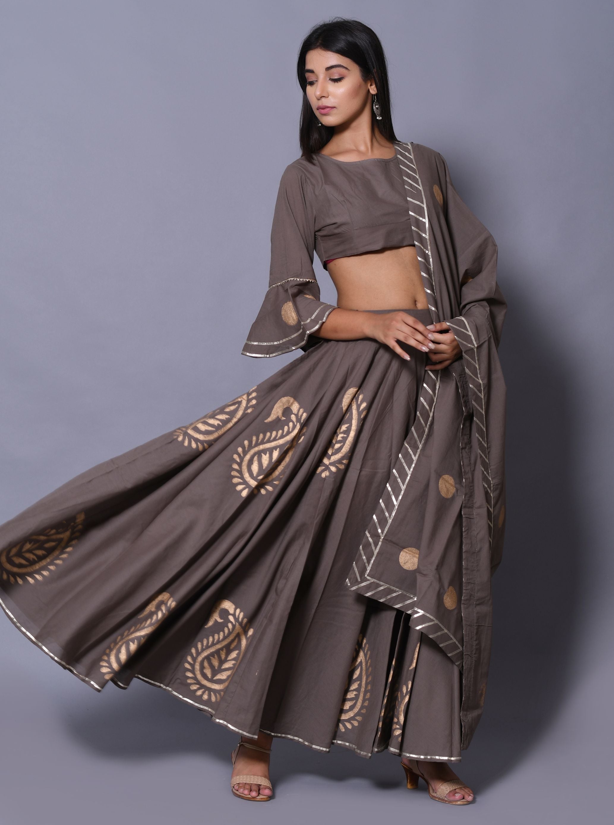Women's Grey Hand Block Printed Lehenga Set