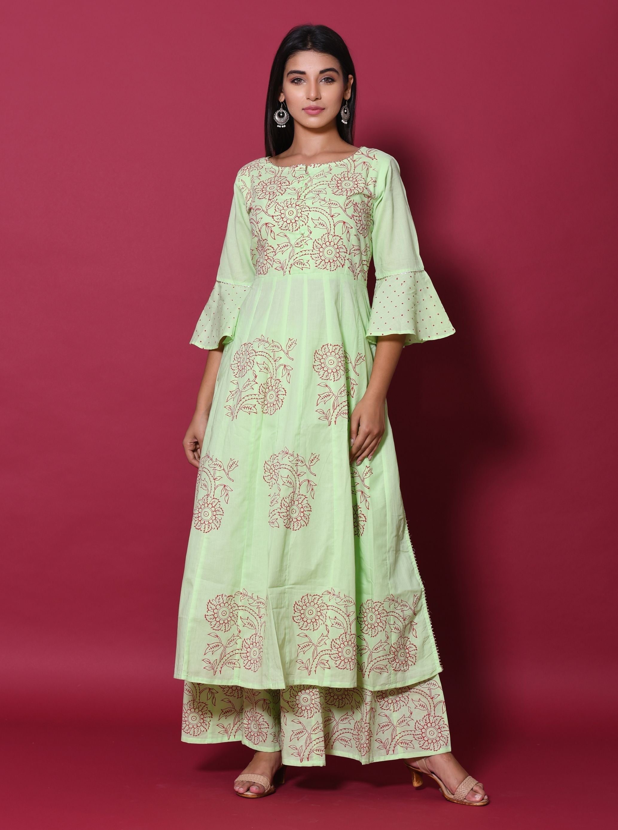 Women's Green Block Print Kurta Palazzo Set (2Pc Set)