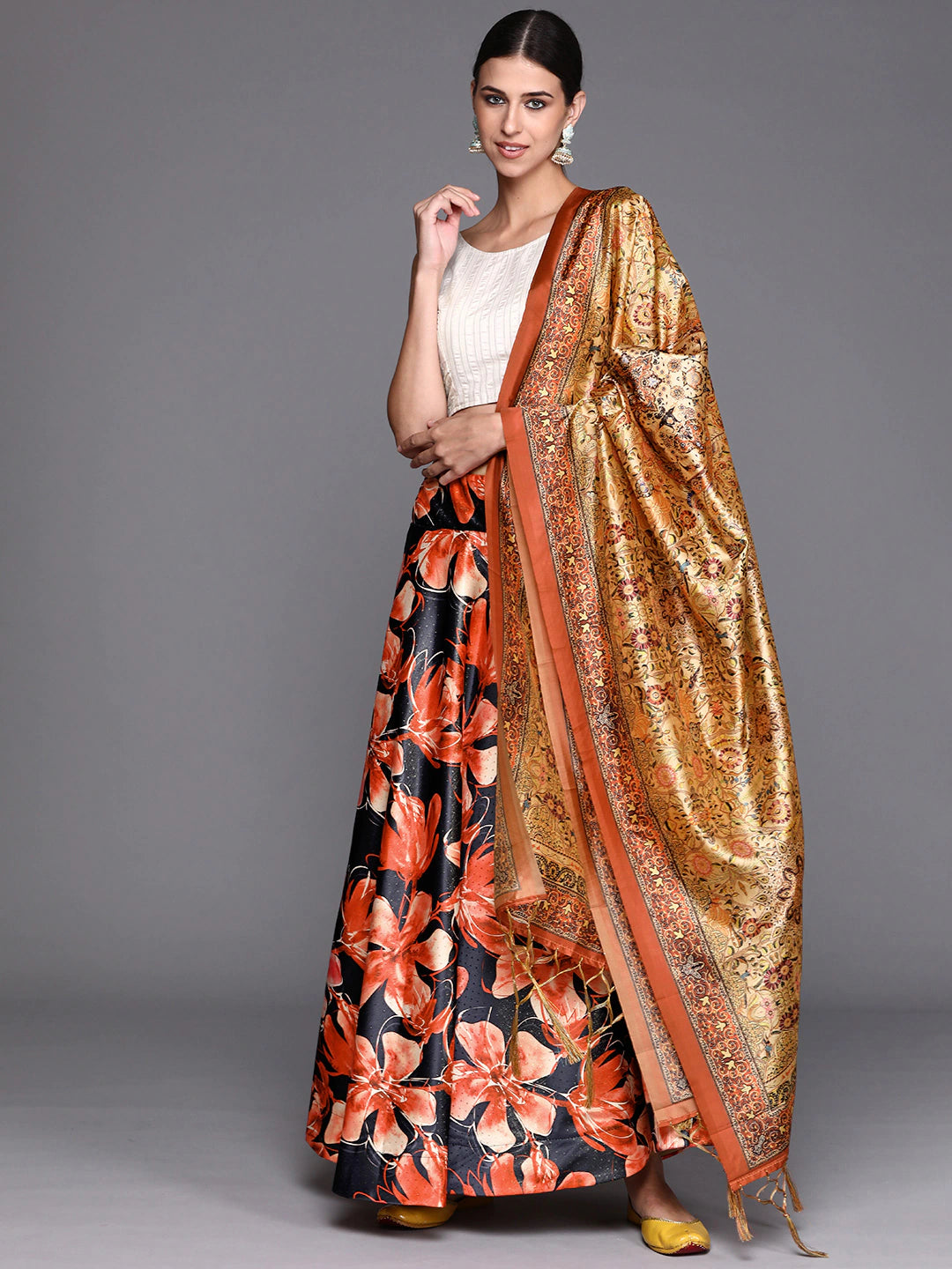 Women's Digital Print Shiney Satin Semistitched Lehenga Choli With Unstitched Blouse And Thred Work Dupatta