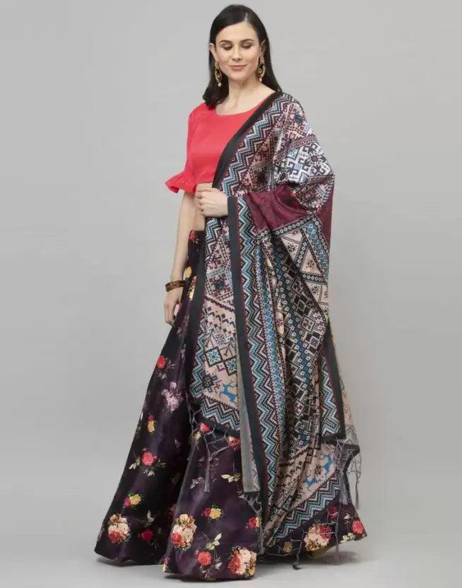 Women's Digital Print Shiney Satin Lehenga Choli With Dupatta And Unstitched Blouse