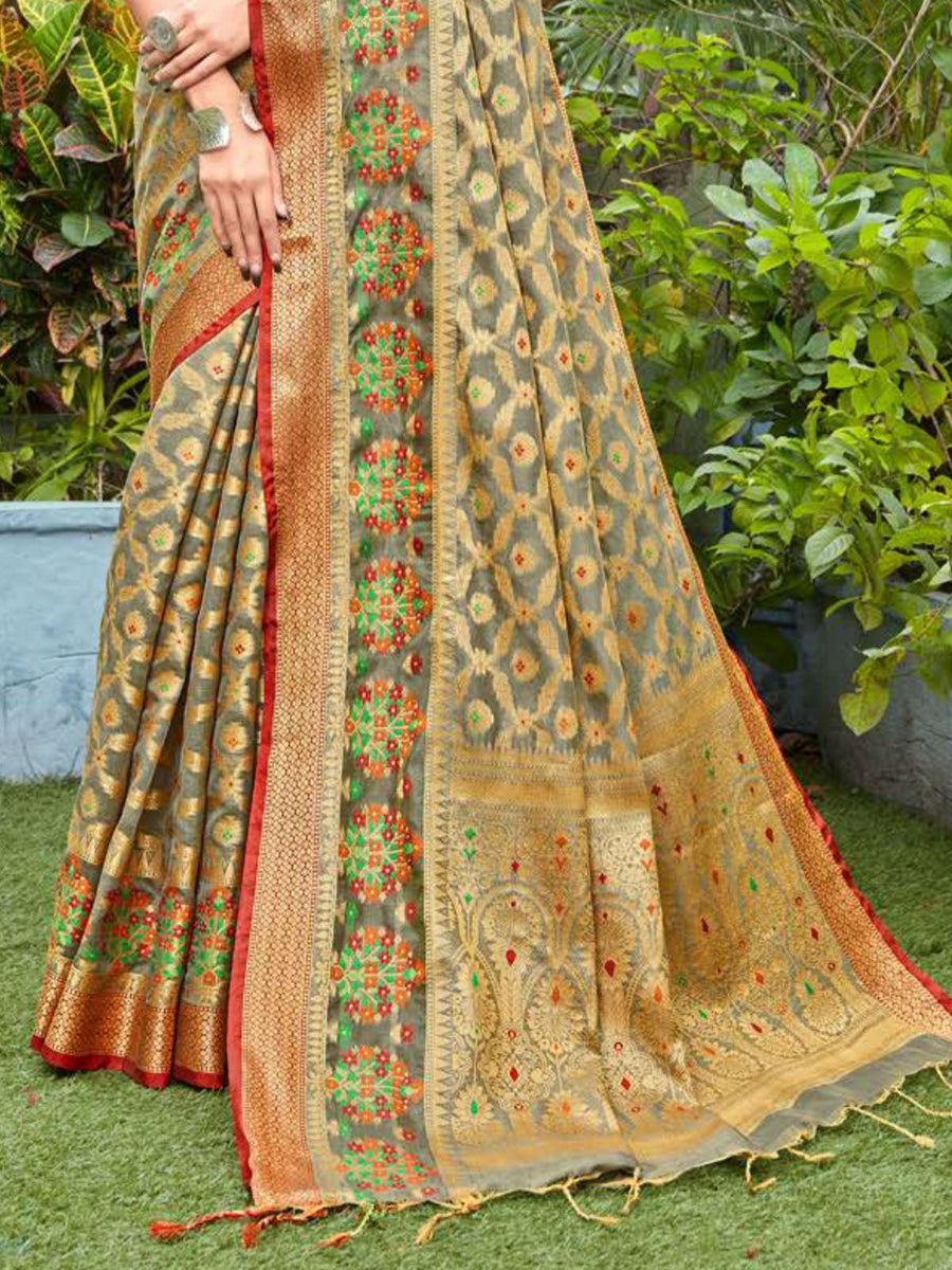 Women light grey cotton silk weaving wedding wear saree main image 1