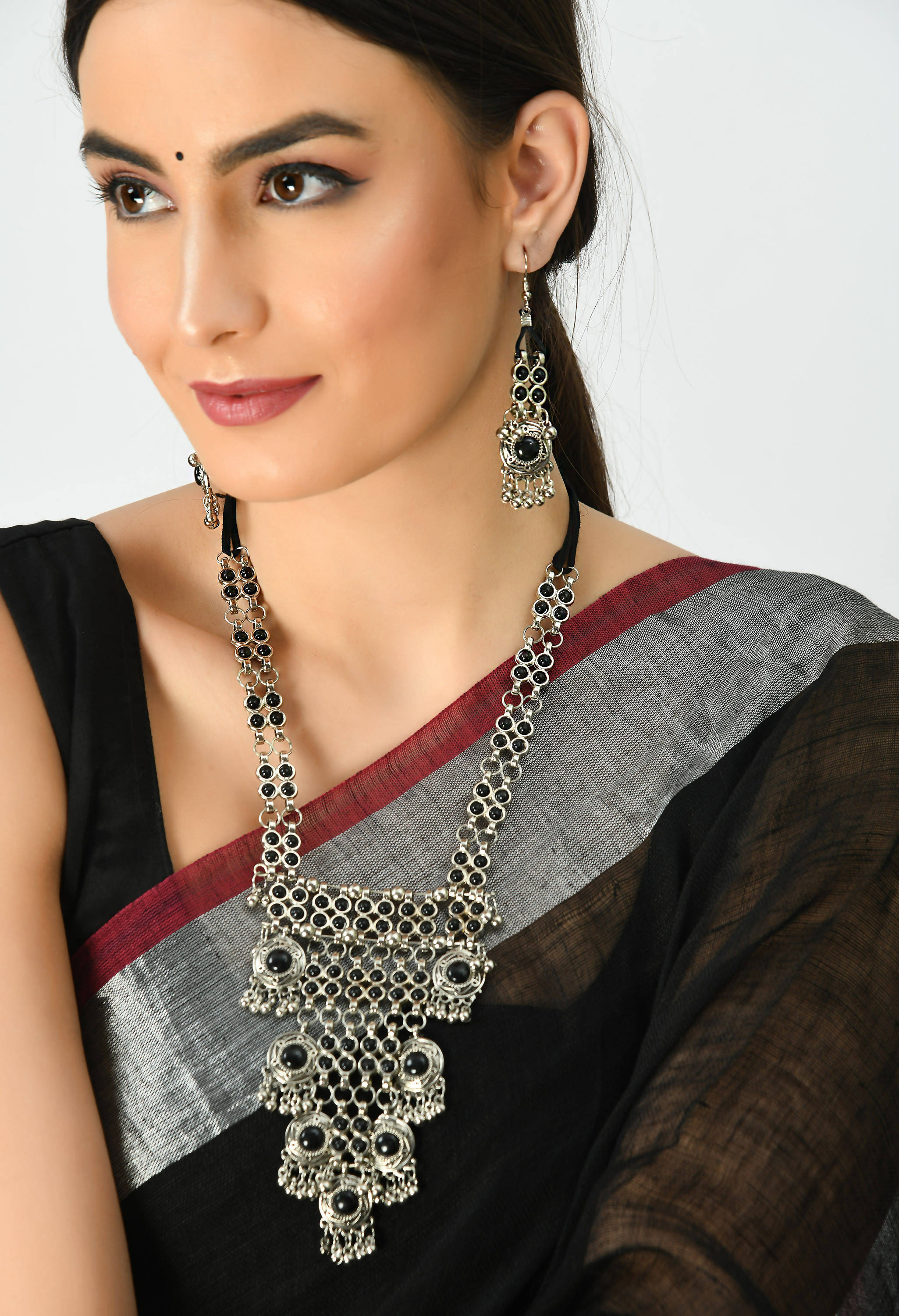 Kamal Johar Silver-Plated Black Color Kundan Necklace with Ear
