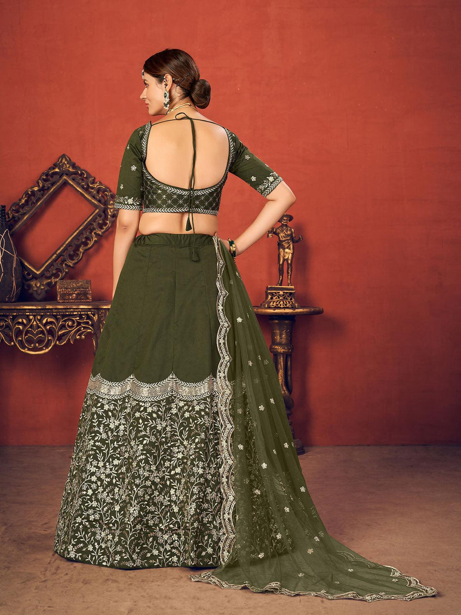 Mani Olive Green Vichitra Silk Crop Top Peacock Design Lehenga with Embroidered Shrug