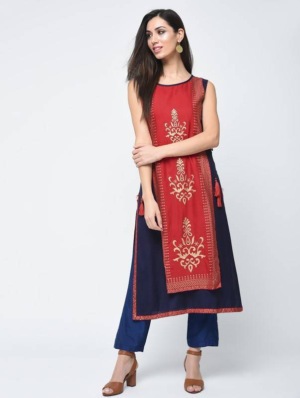 layered kurta dress Neerus Blue Abstract Printed Chanderi A-Line Kurta for Casual Women Neerus India