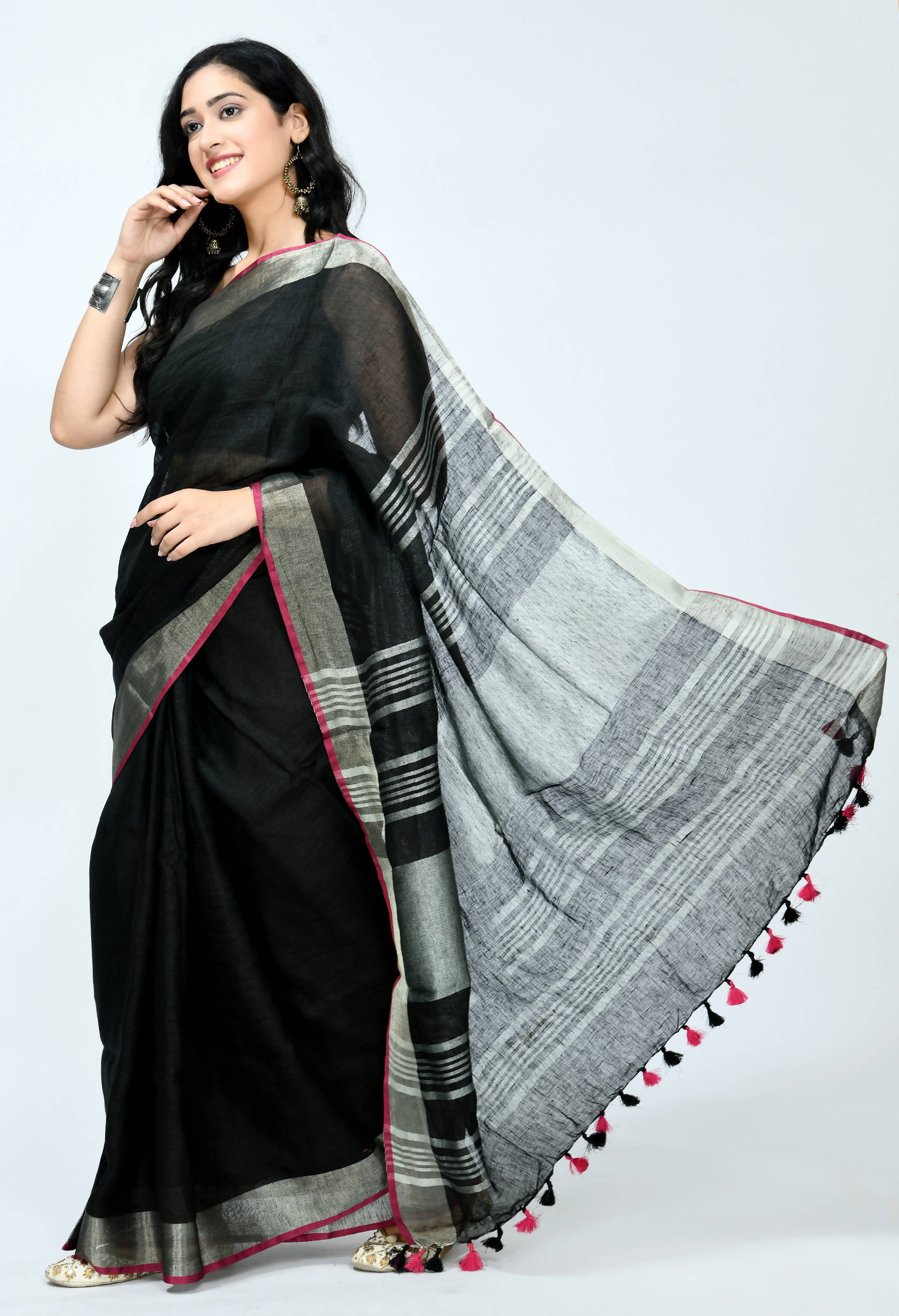 Women's Linen Black Color Saree Mfsaree_029